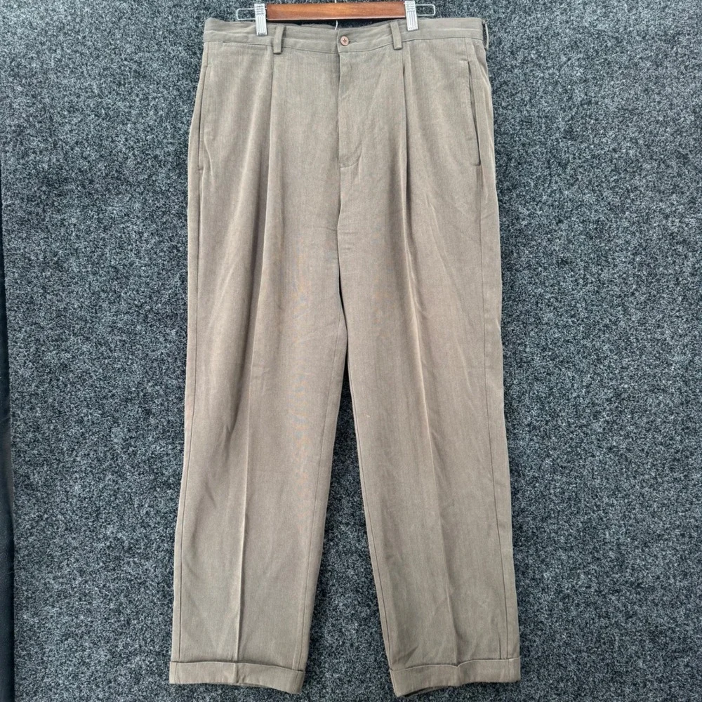 Tommy Bahama Mens 36 Brown Herringbone 100% Silk Pleated Cuffed Dress Pants